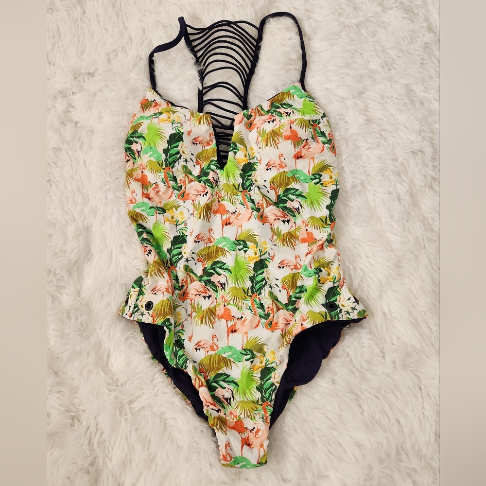 Sperry Reversible Flamingo Print and Blue Strappy Back One Piece Bathing Suit